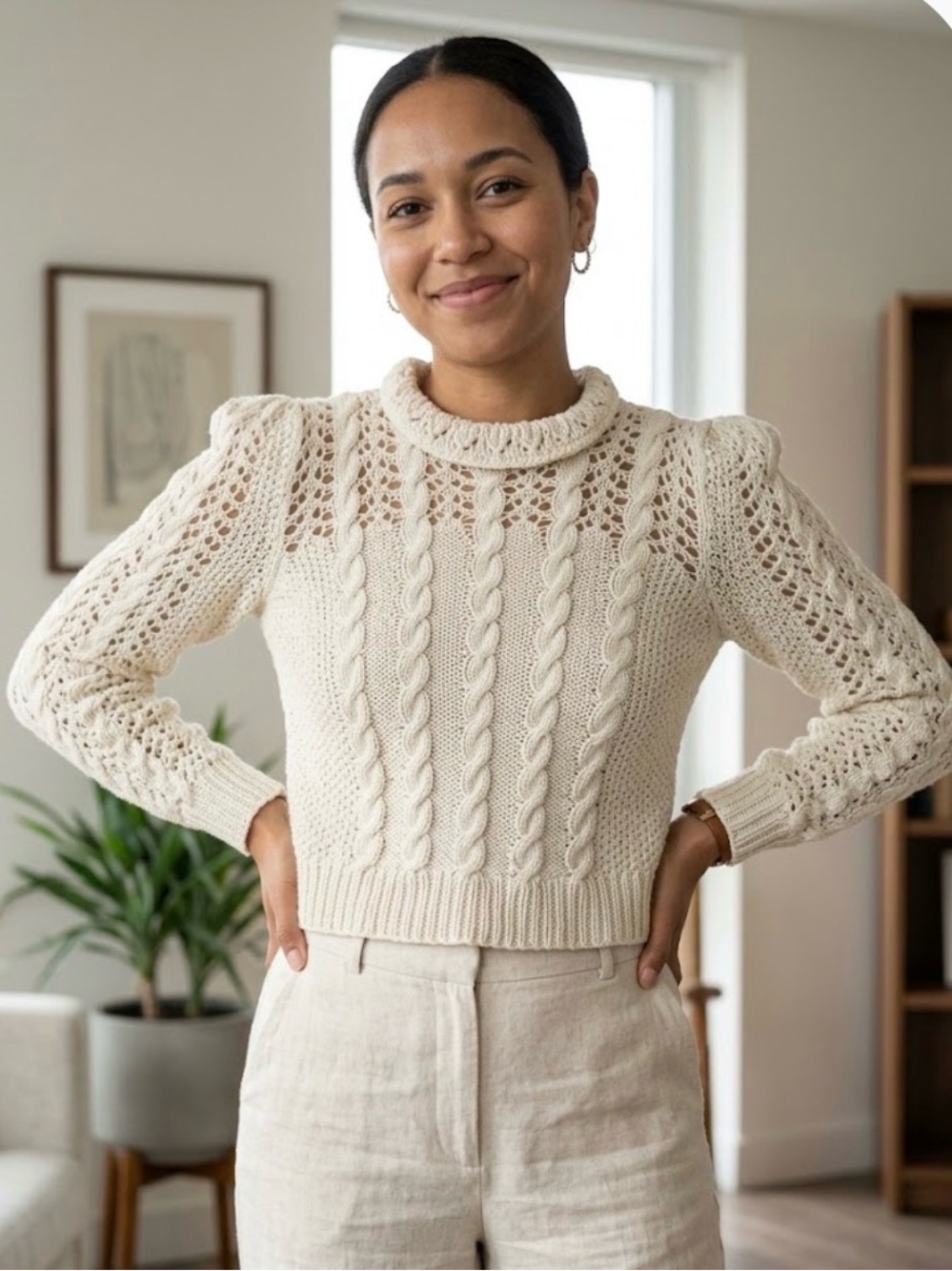 Handcrafted Knit Ivory Cable Knit Sweater Size Small